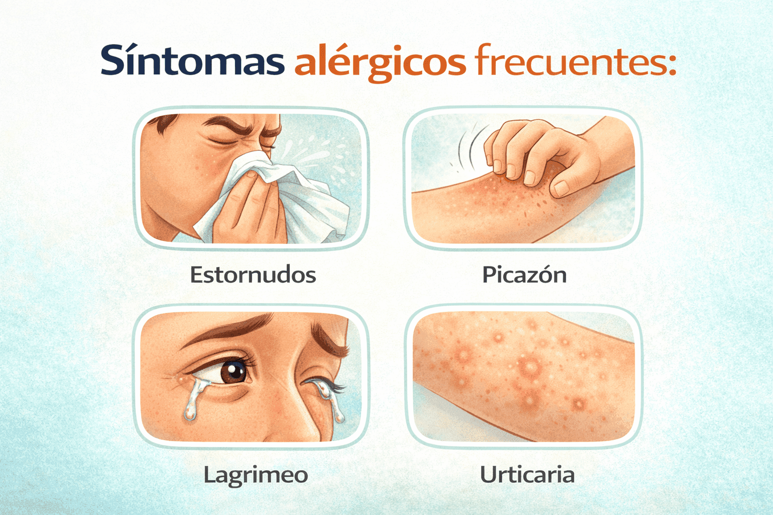 Síntomas alérgicos frecuentes: estornudos, picazón, lagrimeo, urticaria